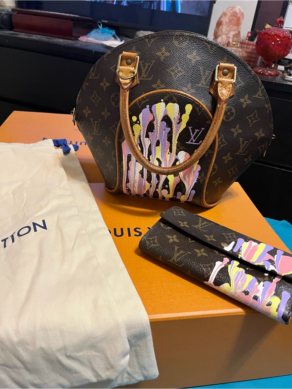 Louis Vuitton Brown Monogram Satchel with Pink, Yellow & Purple Paint Accents